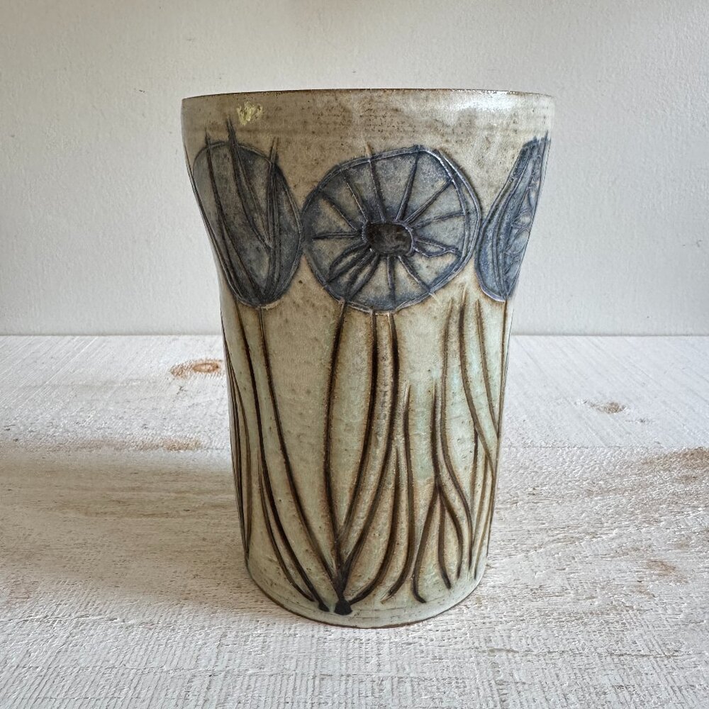 Floral Earthenware Pottery Vase with Blue Flowers